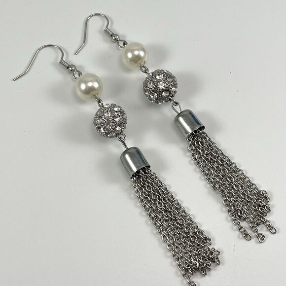 Silver Tone Faux Pearl Chain Tassel Dangle Earrings Fashion Boho Statement - Picture 1 of 7